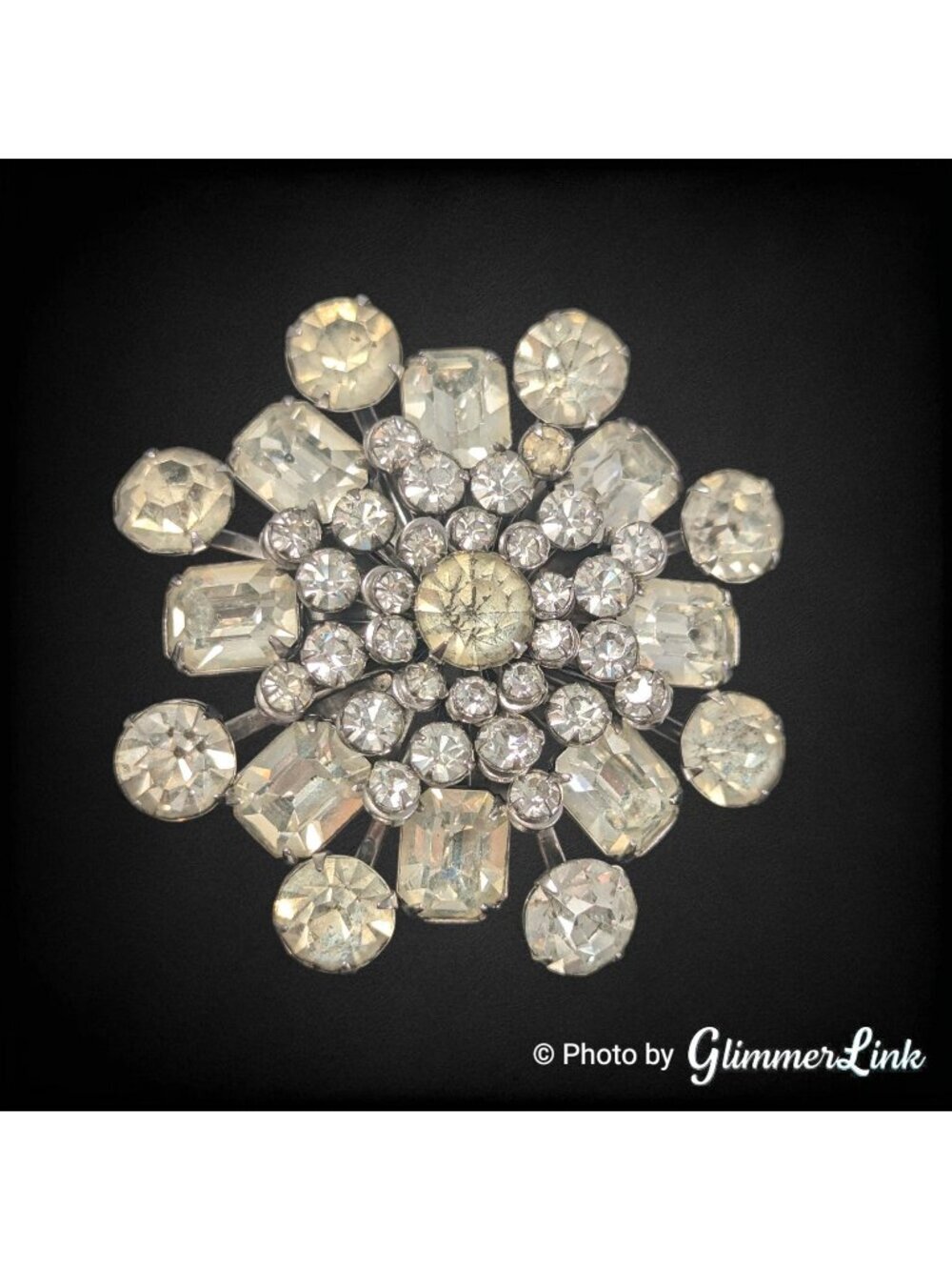 Vintage Mid Century Rhinestone Starburst Brooch Silver Tone Layered Pin